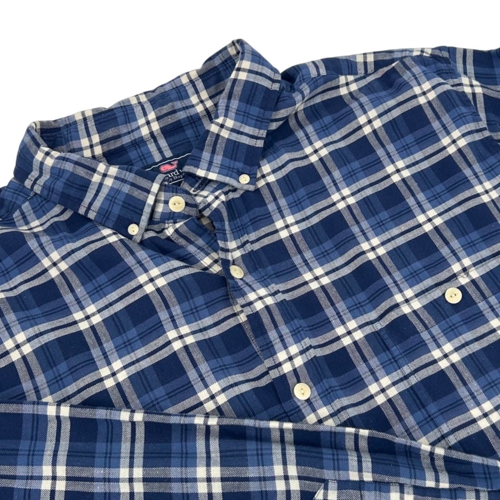Vineyard Vines Classic Longshore Shirt Mens 2XB Blue Plaid Cotton Linen Stretch